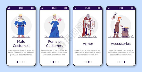 中世纪服装盔甲饰品配在手机应用程序页面屏幕矢量模板上的配件通过带有平坦卡字符的网页步骤uxig智能手机卡通界面概念图片