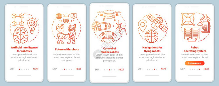 安装移动应用程序页面屏幕矢量模板的机器人课程学习机器人控制使用线插图通过网站步骤uxig智能手机界面概念图片