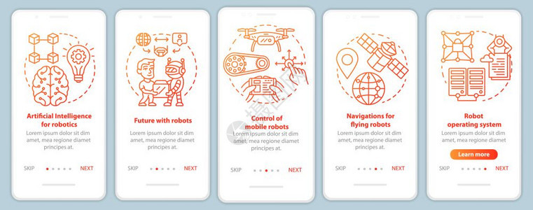 安装移动应用程序页面屏幕矢量模板的机器人课程学习机器人控制使用线插图通过网站步骤uxig智能手机界面概念图片