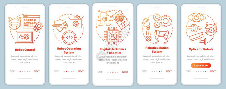 安装移动应用程序页面屏幕矢量模板的机器人课程学习和开发带有线插图的步行式网站骤uxig智能手机界面概念图片
