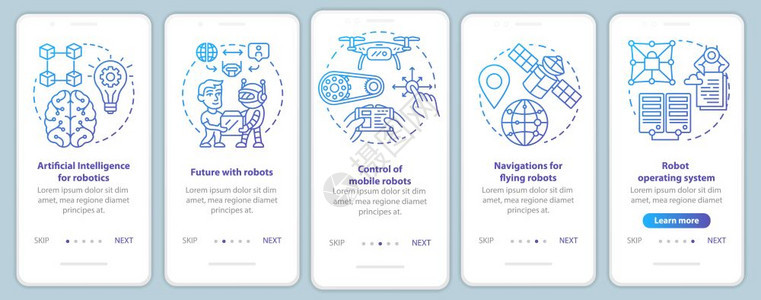 安装移动应用程序页面屏幕矢量模板的机器人课程学习机器人控制使用线插图通过网站步骤uxig智能手机界面概念图片