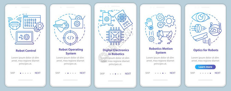 安装移动应用程序页面屏幕矢量模板的机器人课程学习和开发带有线插图的步行式网站骤uxig智能手机界面概念图片