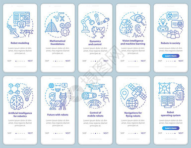安装移动应用程序页面屏幕矢量模板集的机器人课程模型机器人开发带有线插图的漫步式网站骤uxig智能手机界面概念图片