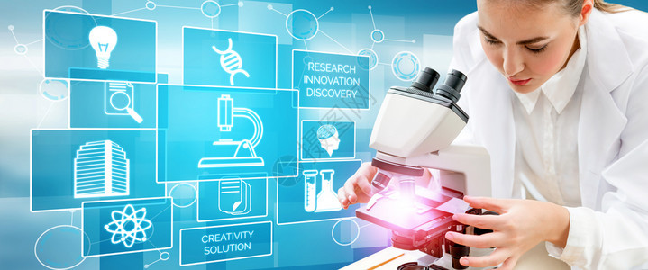 医疗保健研究与发展概念医院实验室具有科学保健研究图标的医生显示疗护理技术创新医学发现和保健数据的象征图片