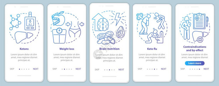 keto饮食蓝色在手机应用程序页面屏幕矢量模板上以食物和健康营养为主的饮食和健康营养用线插图通过网站步骤uxig智能手机界面概念图片