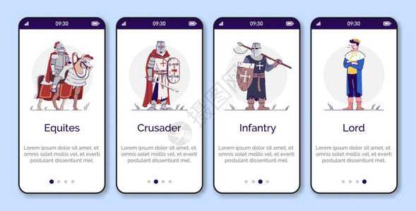 在移动应用程序页面屏幕矢量模板上登机的中世纪人四个带有平坦卡通人物的步行式网站骤老年国王和骑士uxig智能手机界面概念图片