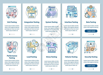 具有线概念的移动应用程序页面屏幕上安装软件测试能和可用分析通过步的图形指示uxi带有插图的gui矢量模板图片