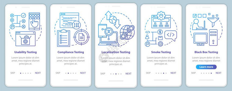 在手机应用程序页面屏幕矢量模板上进行非功能软件测试可用分析带有线插图的步行式网站骤uxig智能手机界面概念图片