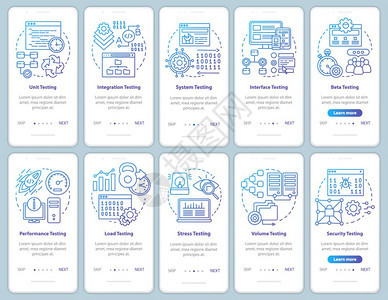 在手机应用程序页面屏幕矢量模板上测试软件能和可用分析带有线插图的漫步式网站骤uxig智能手机界面概念图片