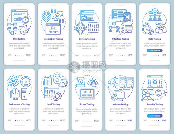 在手机应用程序页面屏幕矢量模板上测试软件能和可用分析带有线插图的漫步式网站骤uxig智能手机界面概念图片