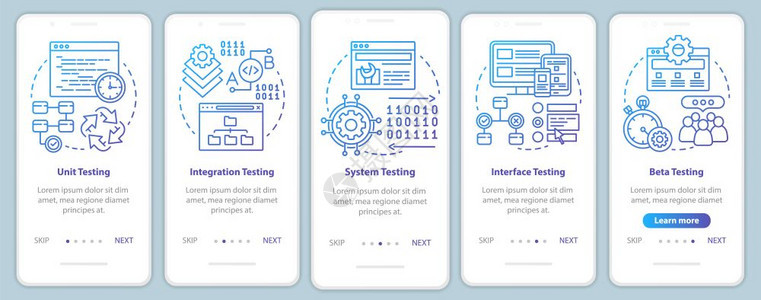 在手机应用程序页面屏幕矢量模板上进行功能软件测试progem可用分析带有线插图的步行式网站骤uxig智能手机界面概念图片