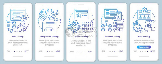 在手机应用程序页面屏幕矢量模板上进行功能软件测试progem可用分析带有线插图的步行式网站骤uxig智能手机界面概念图片