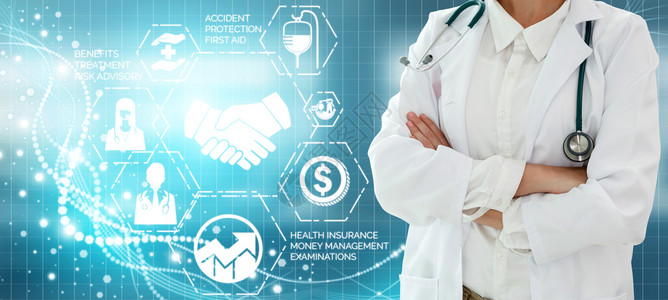 医疗新闻健康保险概念医院生与健康保险有关的图标形界面显示保健人员货币规划风险管理医疗和保险福利背景