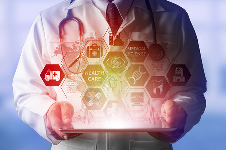 医疗保健概念医院生带有疗图标现代接口显示药品创新医疗急诊服务博士数据和病人健康等符号图片