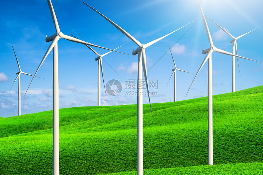 绿色农场山坡上可再生清洁能源风力涡轮机图片