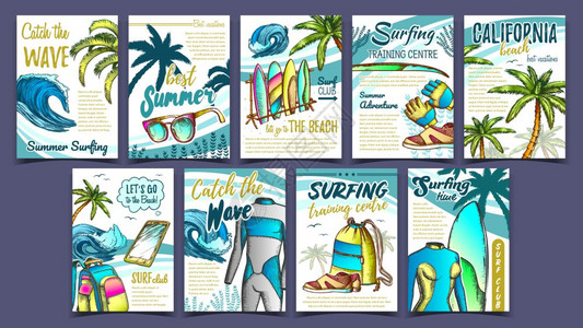 潜水衣泳衣和冲浪板树木太阳镜智能手机和服装插图广告海报插画