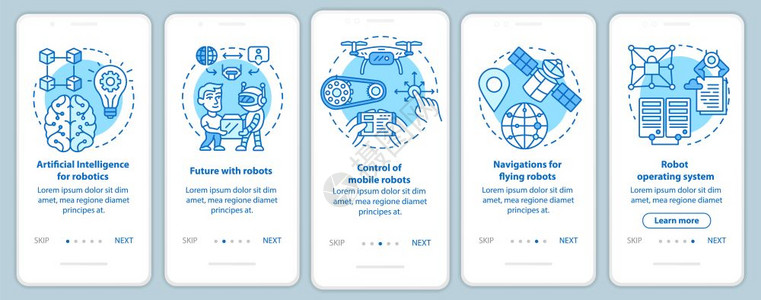 安装移动应用程序页面屏幕矢量模板的机器人课程学习机器人控制使用线插图通过网站步骤uxig智能手机界面概念图片