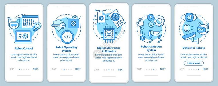 安装移动应用程序页面屏幕矢量模板的机器人课程学习和开发带有线插图的步行式网站骤uxig智能手机界面概念图片