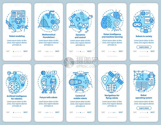 安装移动应用程序页面屏幕矢量模板集的机器人课程模型机器人开发带有线插图的漫步式网站骤uxig智能手机界面概念图片