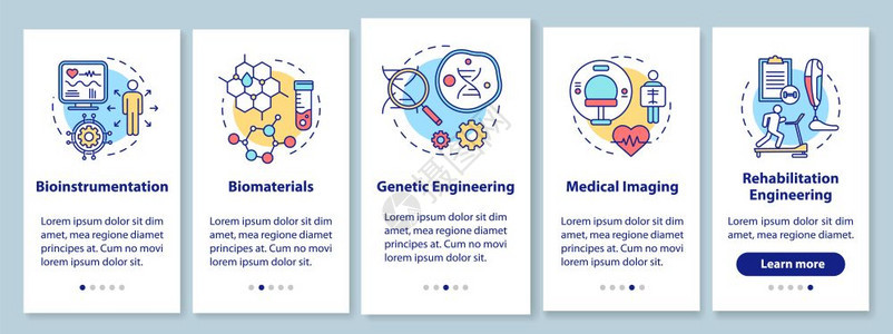 装有线概念的移动应用程序页面屏幕上的生物工程医学成像生物仪器五步走过骤图形指示uxi带有插图的gui矢量模板图片