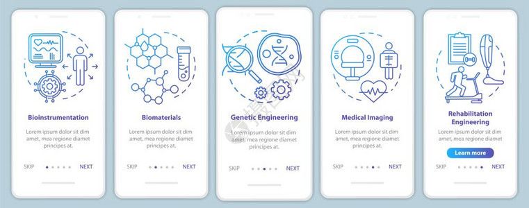 移动应用程序页面屏幕矢量模板医疗成像生物仪表带有线图解的步行式网站骤uxig智能手机界面概念图片