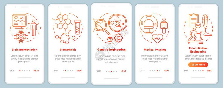 移动应用程序页面屏幕矢量模板医疗成像通过网站步骤并配有线插图生物仪器uxig智能手机界面概念图片