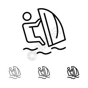 鼓起风帆冲浪水风运动大胆和薄黑线图标集插画
