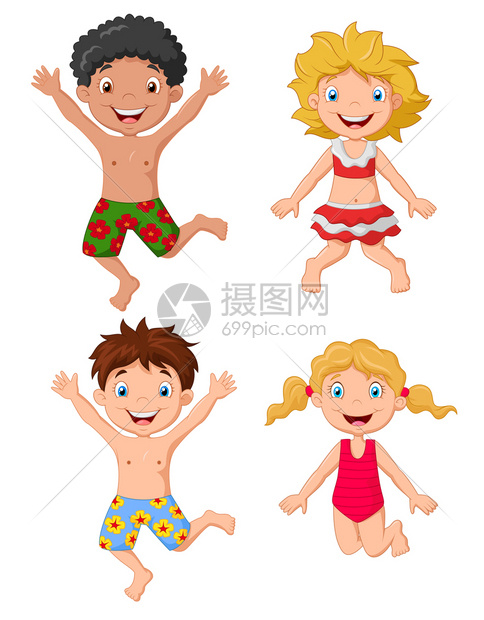 穿着泳衣跳跃的快乐孩子图片