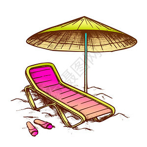 卡通复古带遮阳伞的沙滩椅图片