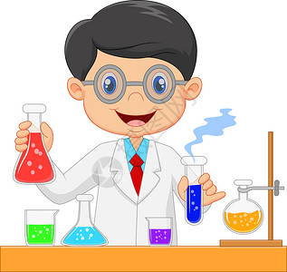 教育活动海报实验室研究员带化学玻璃器的实验室大衣孤立科学家男孩