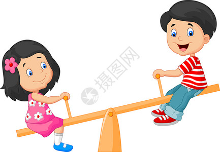 秘密花園天色遊戲卡通可爱玩跷跷板的儿童插画