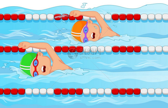 卡通可爱孩子在游泳池里游泳图片