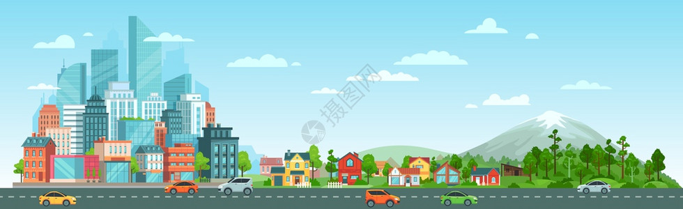 城市路汽车道路交通郊区房屋野生自然景观矢量图插画