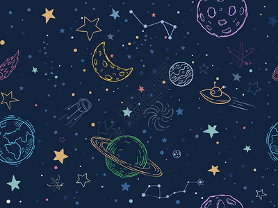 星空下的星体宇航员和星球月亮ufo外星人线条涂鸦风卡通图图片