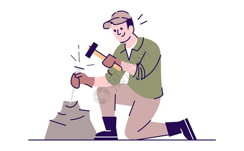 湘西地质男天主教研究者用白色背景的轮廓打碎石头卡通人物插画