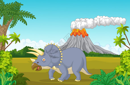 侏罗纪三角龙和火山卡通矢量插画图片