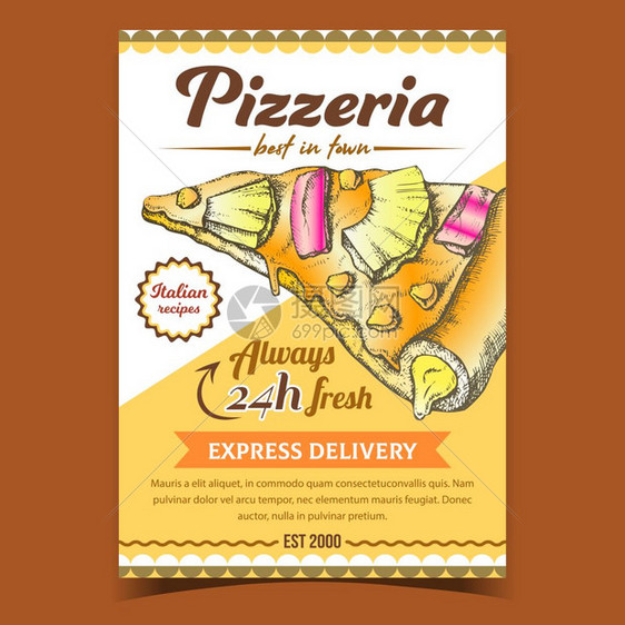 意大利比萨饼食谱餐馆横幅矢量烹饪切片芝士披萨配菠萝和玉米快速送货概念图片