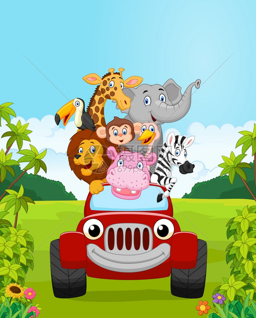 卡通动物开着红色汽车度假矢量插图