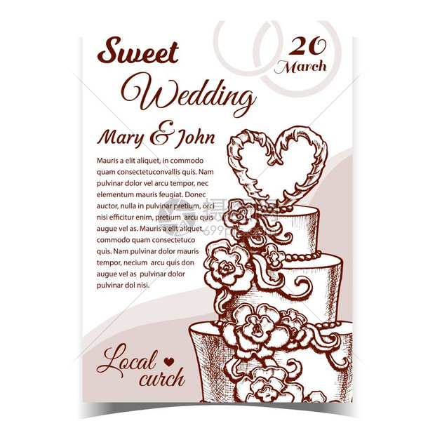 喜庆婚礼和结之日美味甜的蛋糕给新娘和郎用鲜旧风格单家庭插图中画的模板手蛋糕装饰花朵和心旗矢量图片
