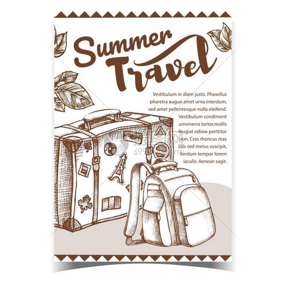 复古单色夏季旅行手提箱背包旅游服广告海报插图图片