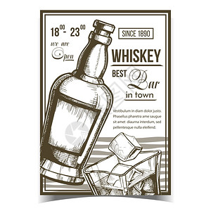 威士忌放松酒吧广告海报矢量旧威士忌瓶上面贴有酒精酸不洁饮料的空白标签玻璃帽上面有液体和冰块模板单色插图图片