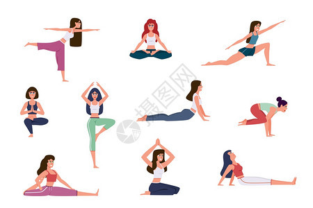 瑜伽角色妇女做瑜伽练习暖和伸展各种姿势健身时的默思康生活方式矢量字符暖和伸展各种姿势健康的生活方式矢量字符图片