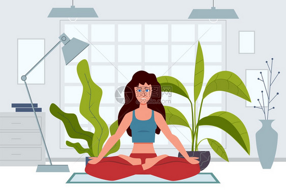瑜伽角色妇女在家里练习变暖和伸展对自然进行冥想对自然进行身体和精神练习使病媒健康放松积极概念瑜伽角色妇女在家里练习变暖和伸展对自图片