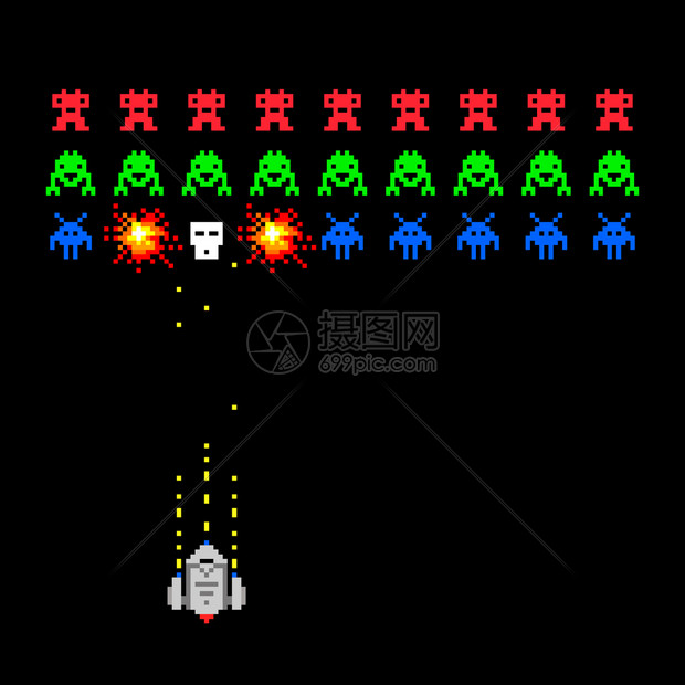 宇宙入侵者游戏像素空间入侵者组反向风格的视频游戏矢量说明使用和太空船像素间入侵者游戏图片