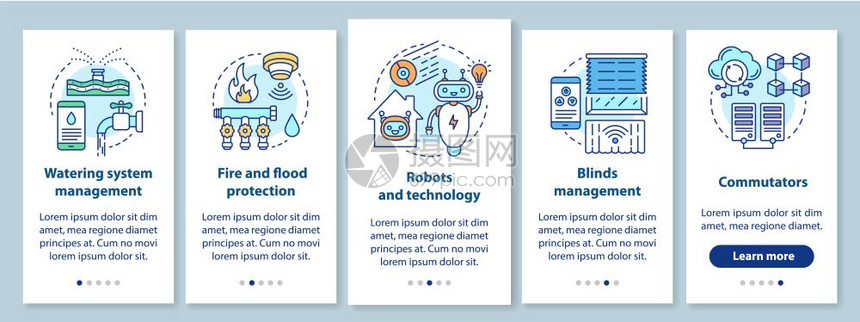 具有线概念的移动应用程序页面屏幕上的智能房屋自动控制家用电器通过步的图形指示uxi带有插图的gui矢量模板图片