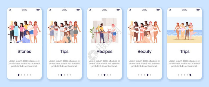 移动应用程序屏幕矢量模板故事提示和食谱美丽旅行走过网站步骤平面字符uxig智能手机卡通界面概念图片