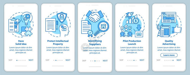 开始在移动应用程序页面屏幕上进行本地生产线概念识别供应商有扎实的想法5个步进骤图形教学uxig矢量模板插图图片