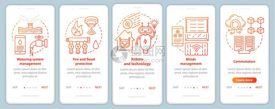 移动应用程序页面屏幕矢量模板自动控制家用电器线插图通过网站步骤uxig智能手机界面概念图片