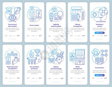 安装移动应用程序页面屏幕矢量模板集的智能房屋现代家庭自动化系统带有线插图的漫步式网站骤uxig智能手机界面概念图片