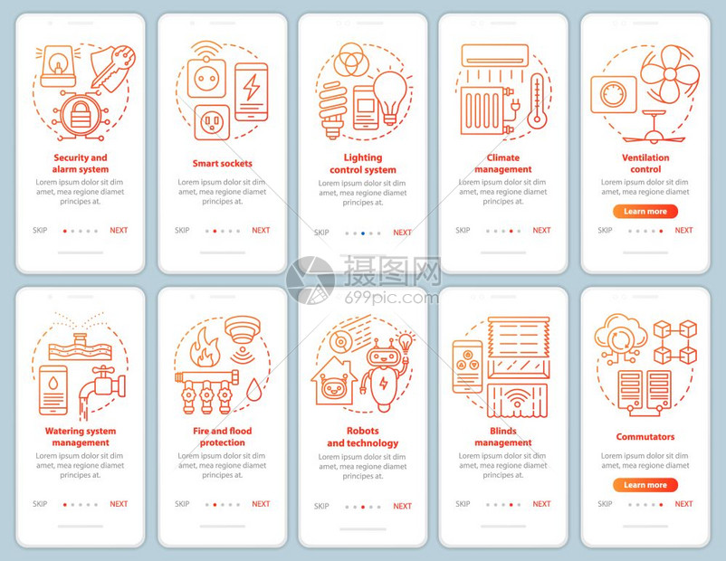 安装移动应用程序页面屏幕矢量模板集的智能房屋现代家庭自动化系统带有线插图的漫步式网站骤uxig智能手机界面概念图片